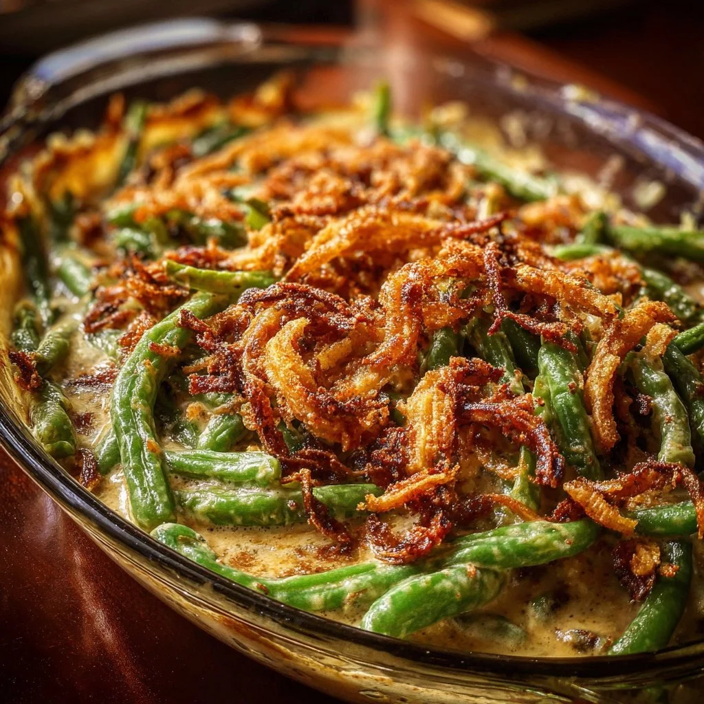 Delicious homemade green bean casserole topped with crispy onions.