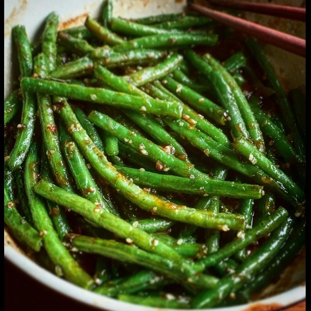 Plate of vibrant miso green beans garnished and ready to serve