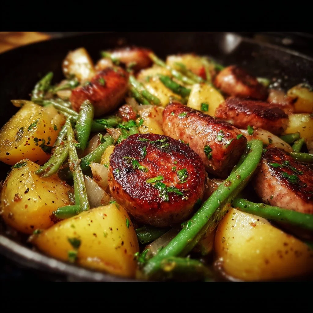 One Pan Sausage, Green Beans, and Potatoes 1 One pan sausage with green beans and potatoes dish for easy cooking.