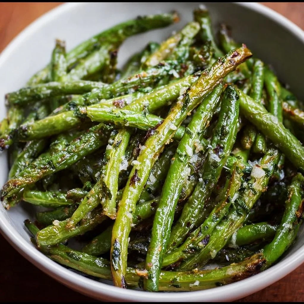 Plate of oven-roasted green beans seasoned to perfection