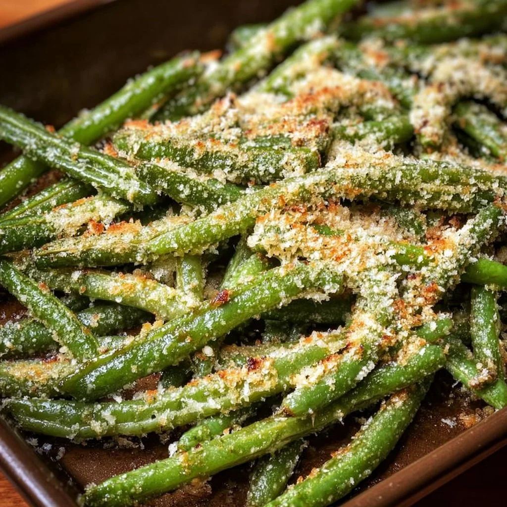 Bowl of Parmesan roasted green beans garnished with grated cheese and herbs