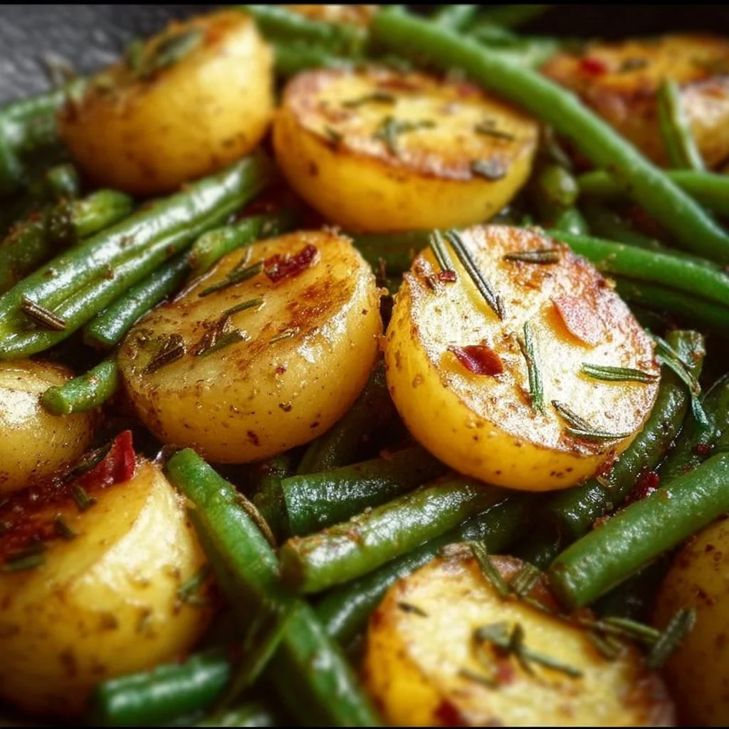 A delicious plate of potatoes and green beans, showcasing the easy recipe.