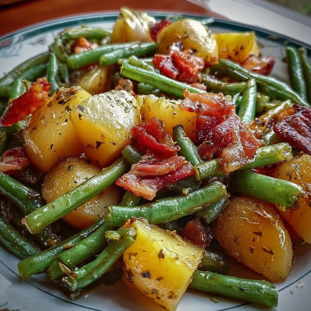 Delicious country ranch green beans and potatoes with bacon dish
