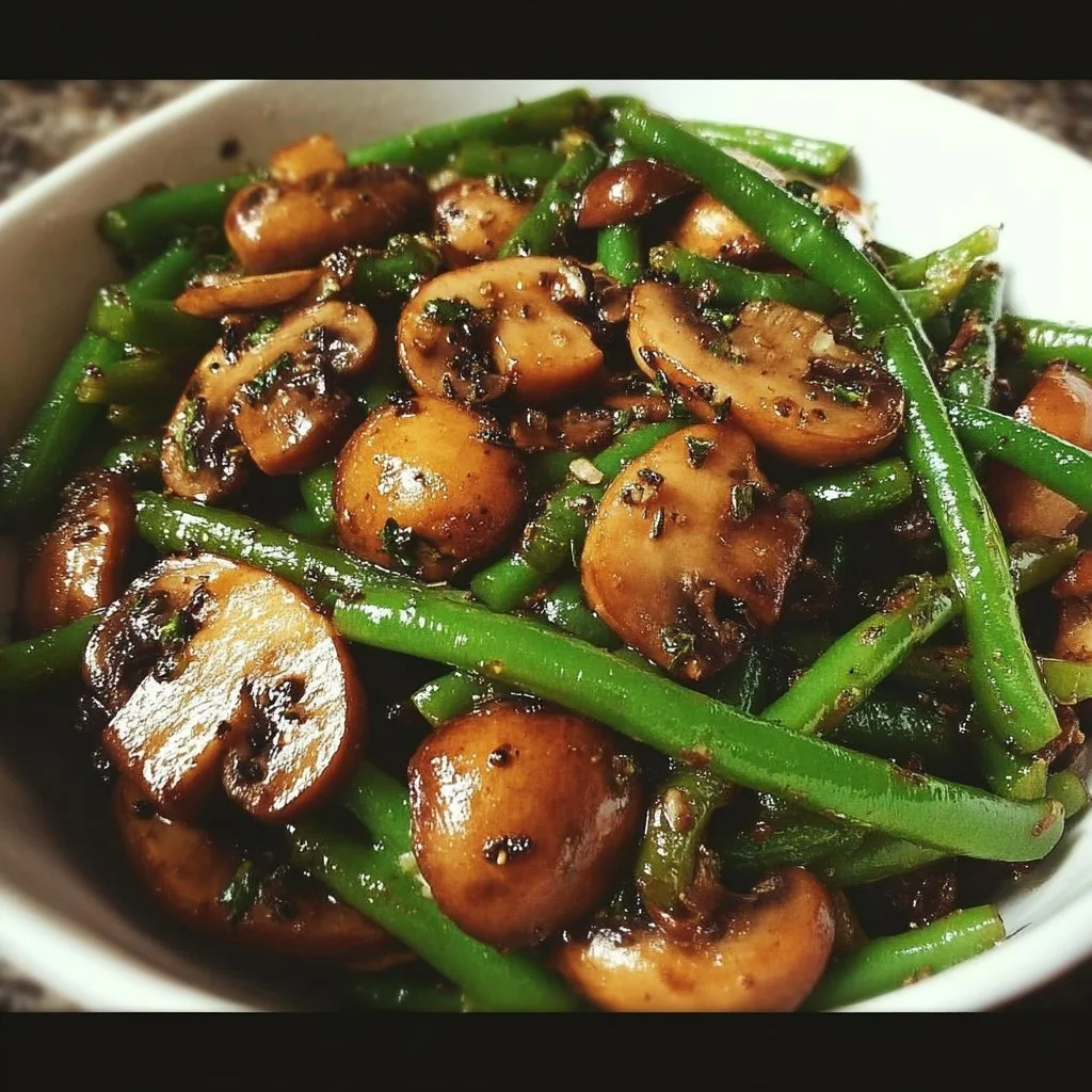 Sautéed Mushrooms and Green Beans 1 Delicious sautéed mushrooms and green beans in a skillet