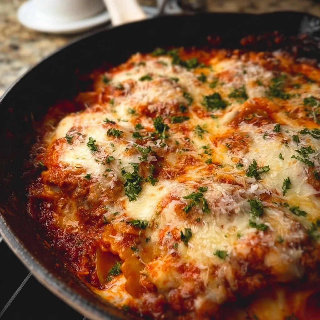 Skillet Lasagna with layers of pasta, cheese, and sauce in a cast iron skillet