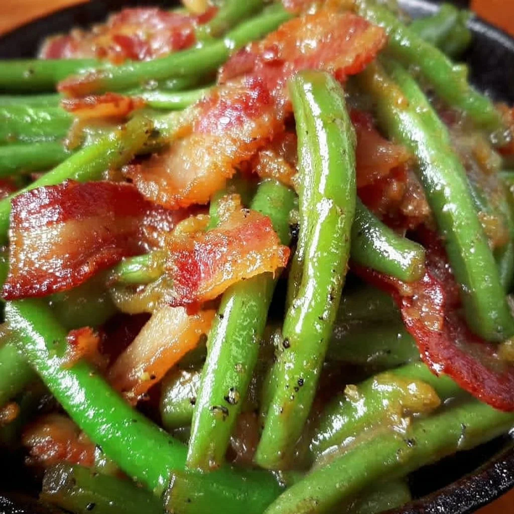 Southern green beans cooked with crispy bacon for a delicious side dish