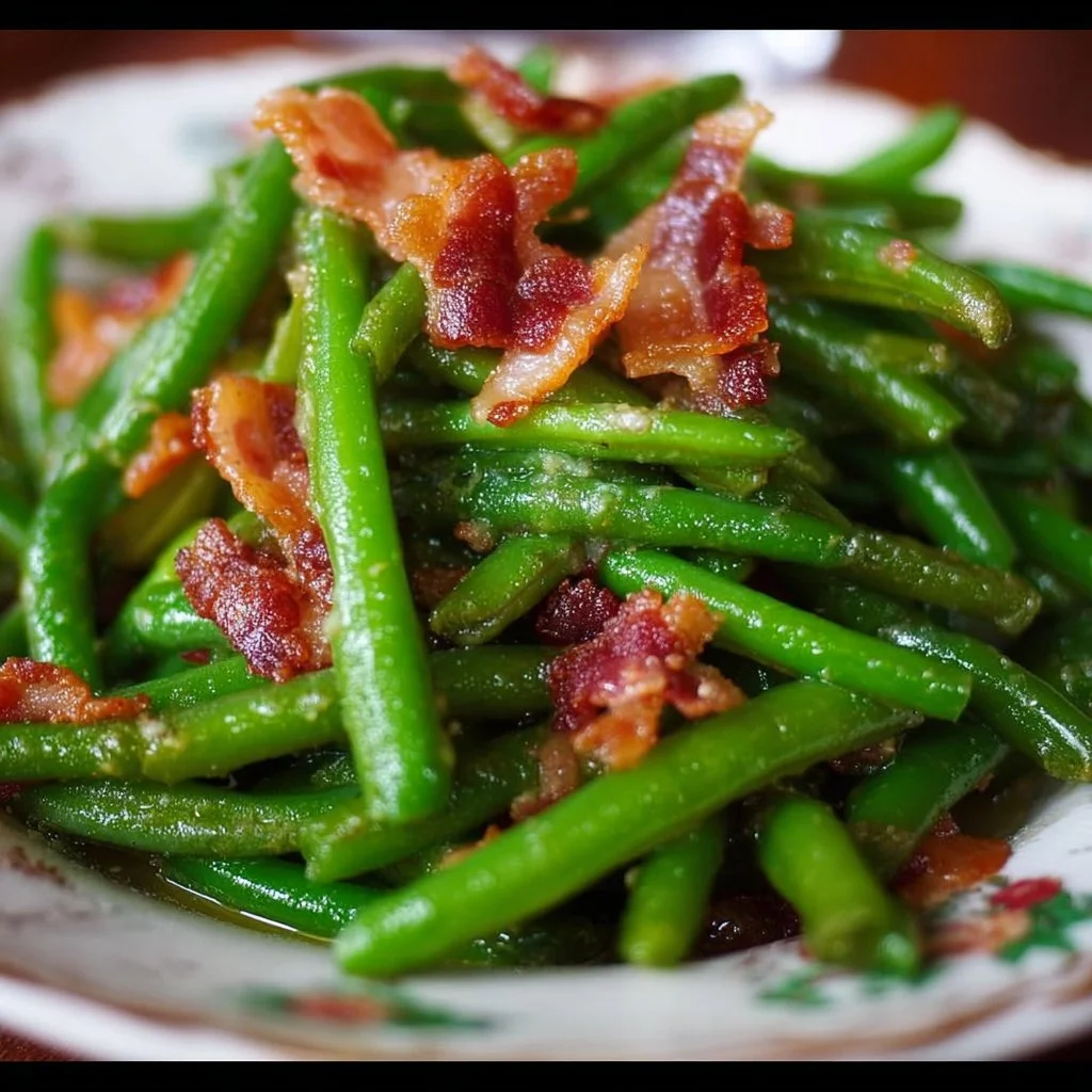 Southern-style green beans with crispy bacon cooked to perfection