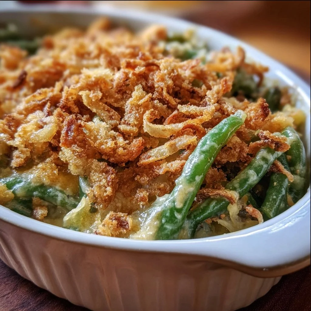 Delicious Southern-style Green Bean Casserole topped with crispy onions.