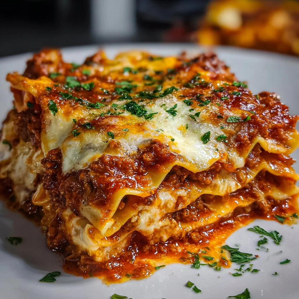 Delicious layered lasagna dish with cheese, sauce, and fresh herbs