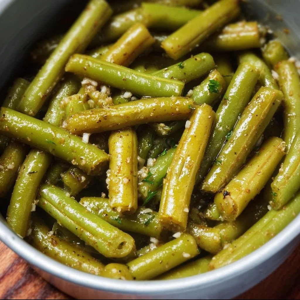 Delicious seasoned canned green beans recipe in a bowl