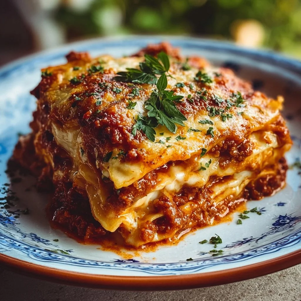 Delicious slice of lasagna with layers of cheese, meat, and sauce