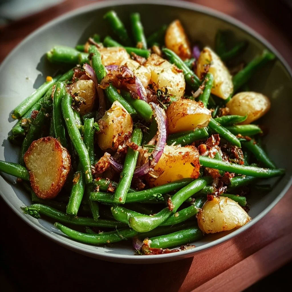 Warm green bean salad topped with crispy potatoes and fresh herbs