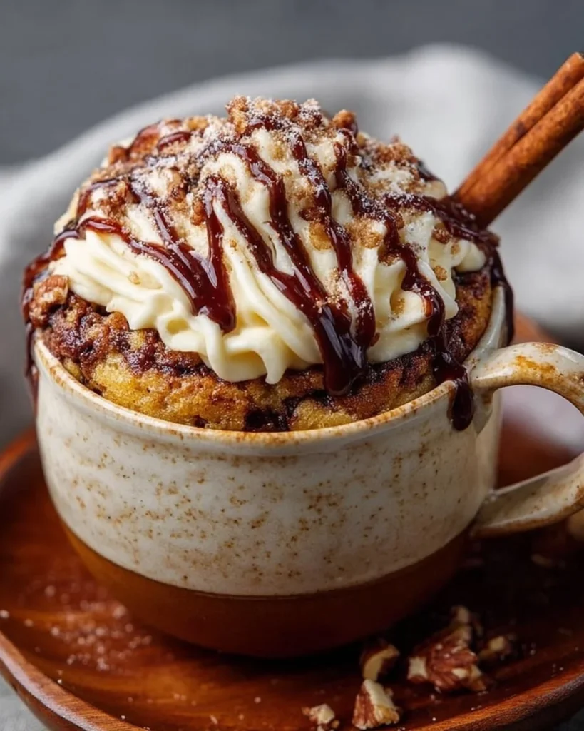 Delicious 3-Minute Keto Cinnamon Roll Mug Cake topped with cream cheese icing.