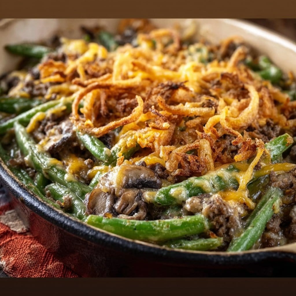 Hamburger Green Bean Casserole with Mushrooms