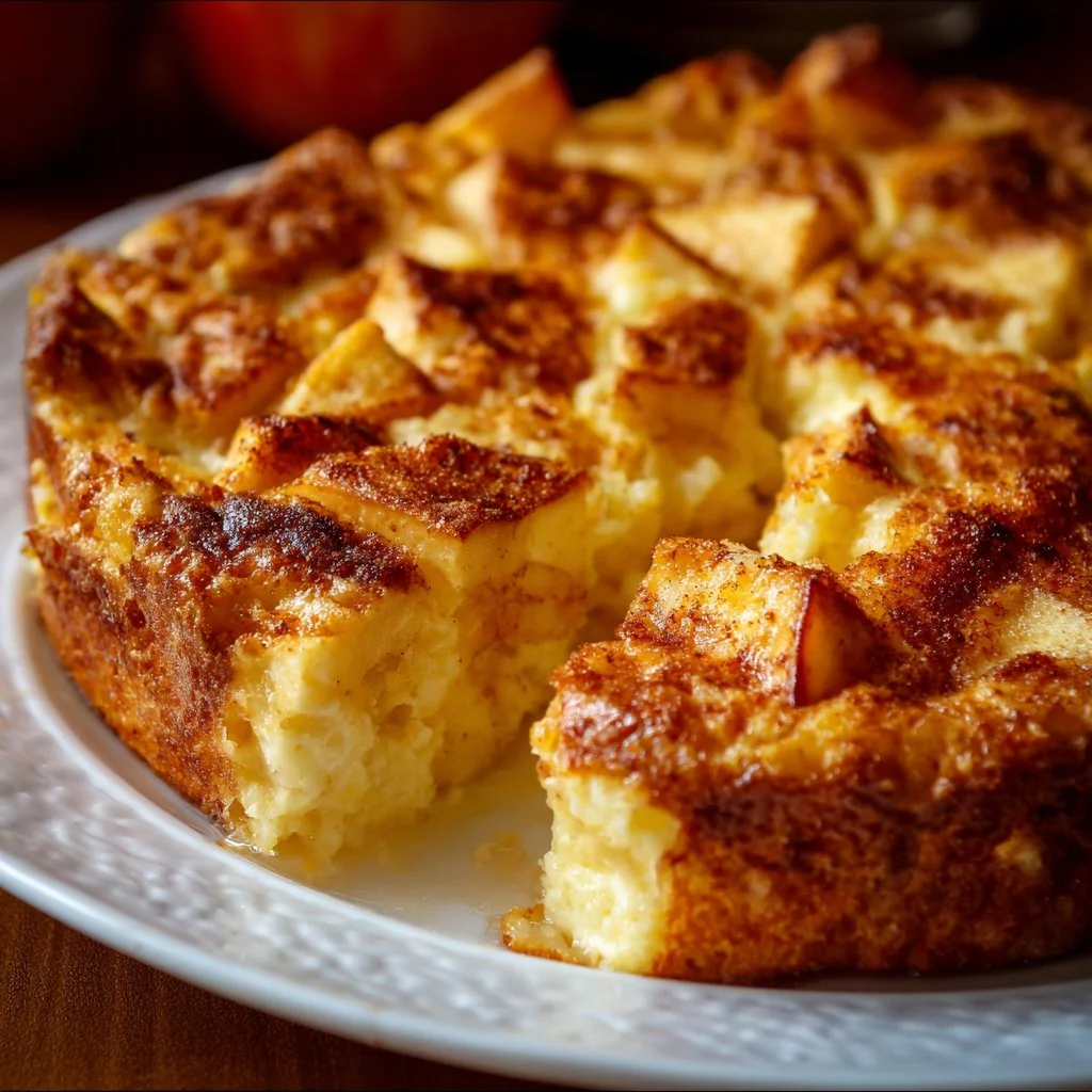 Delicious apple cinnamon cottage cheese bake topped with fresh apples and cinnamon