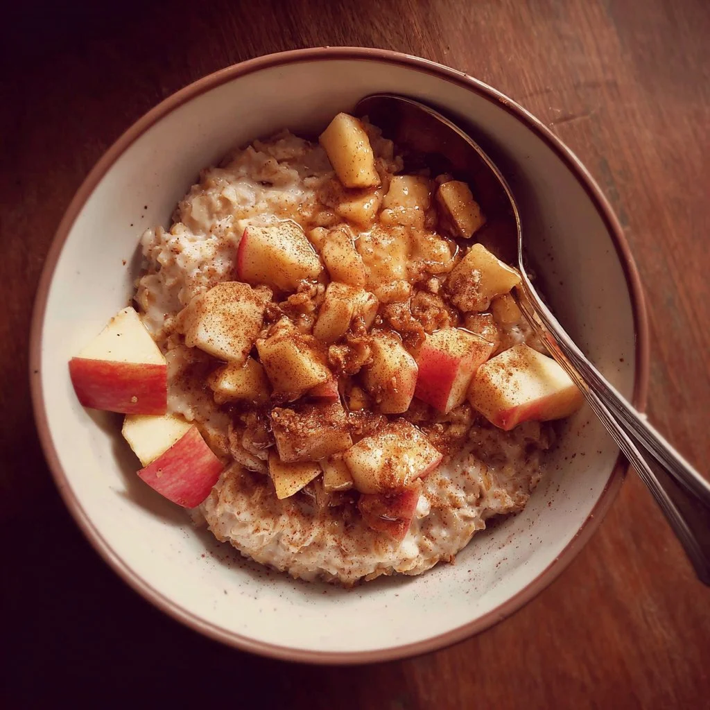 Delicious Apple Cinnamon Oatmeal bowl topped with fresh apples and cinnamon.