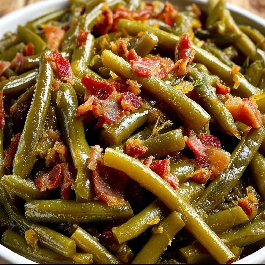Delicious Southern crockpot green beans cooked to perfection in a slow cooker.