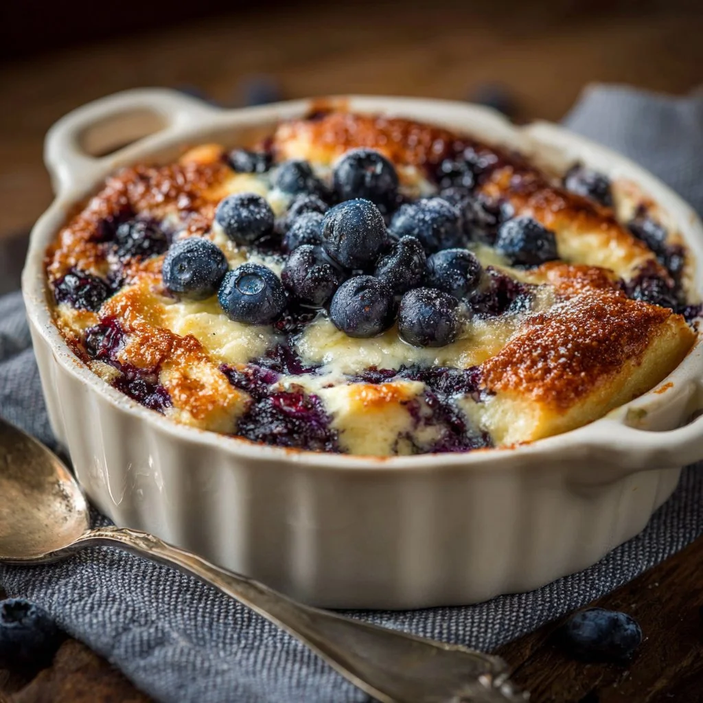 Delicious blueberry cottage cheese breakfast bake served in a dish