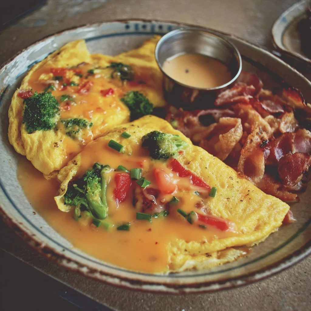 A colorful plate of fluffy breakfast omelettes filled with fresh vegetables and cheese.