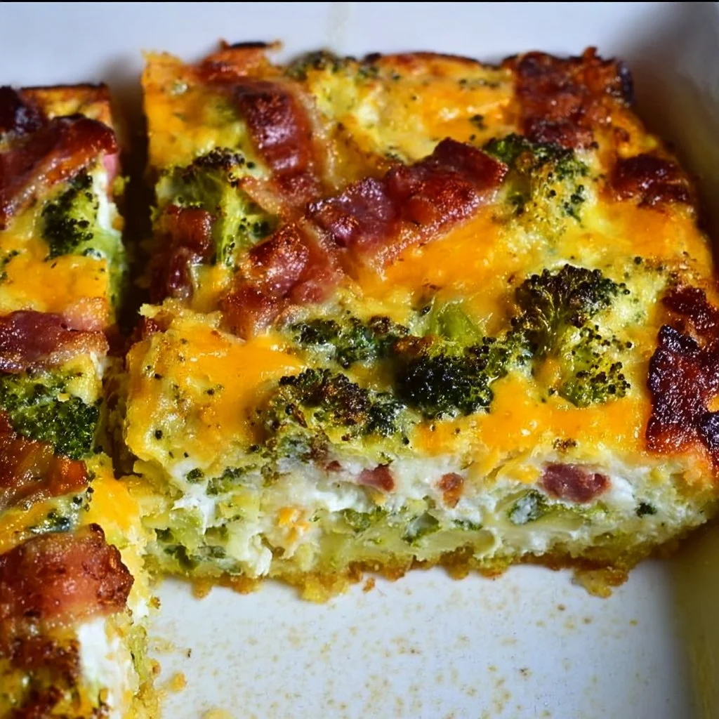 Broccoli cheddar egg bake with turkey bacon served in a casserole dish