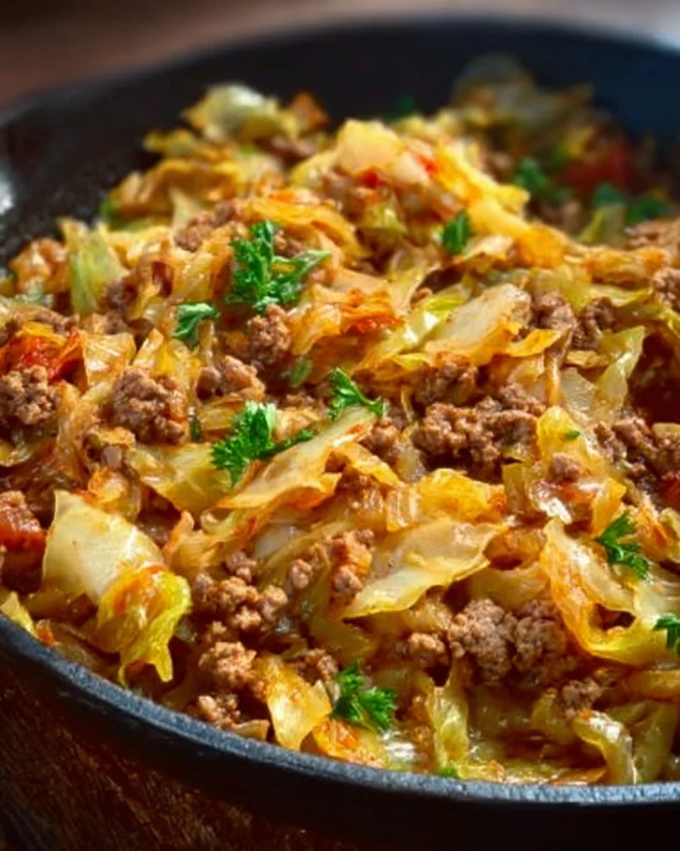 Delicious cabbage roll skillet with ground beef and spices in a pan
