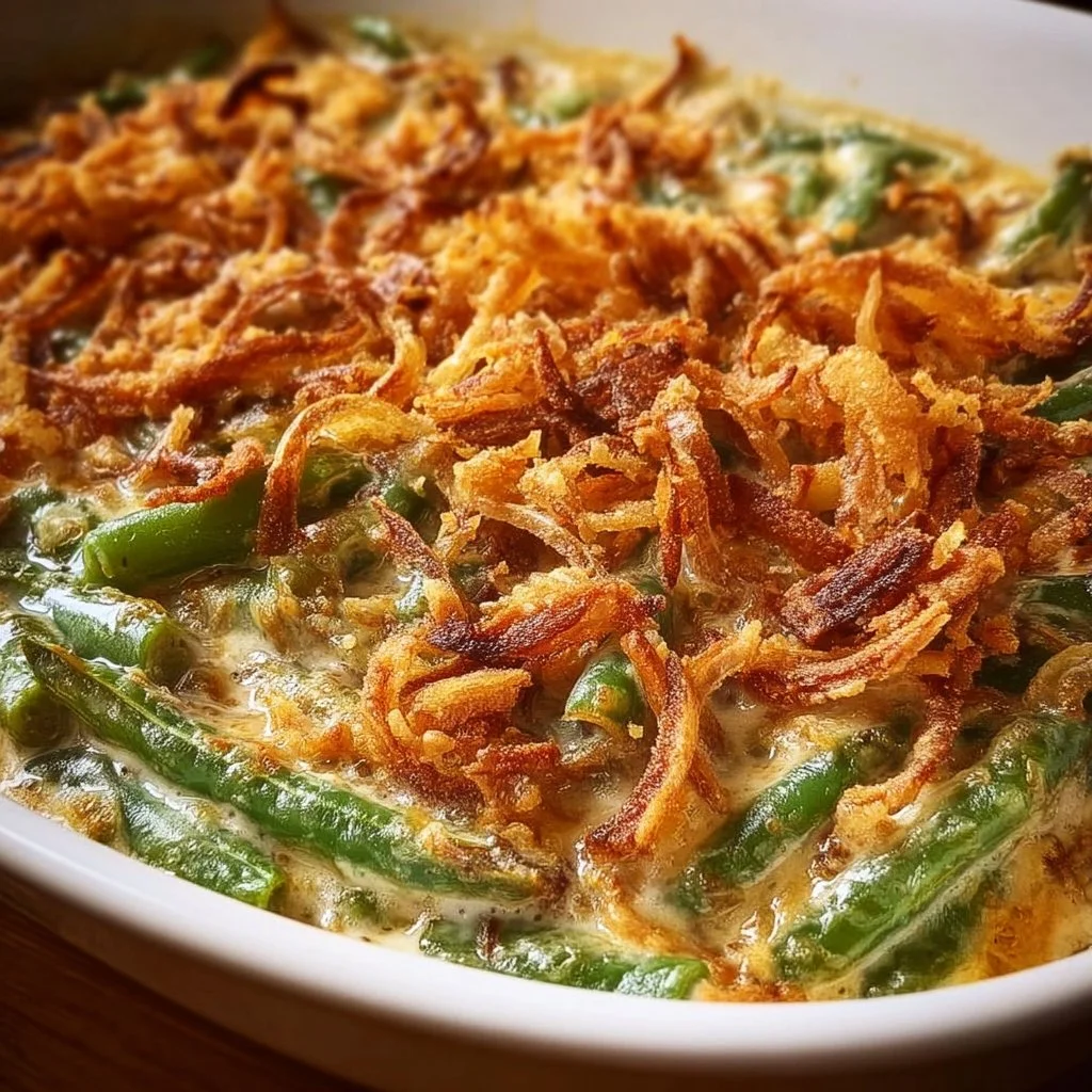 Delicious Campbell's Green Bean Casserole served in a baking dish