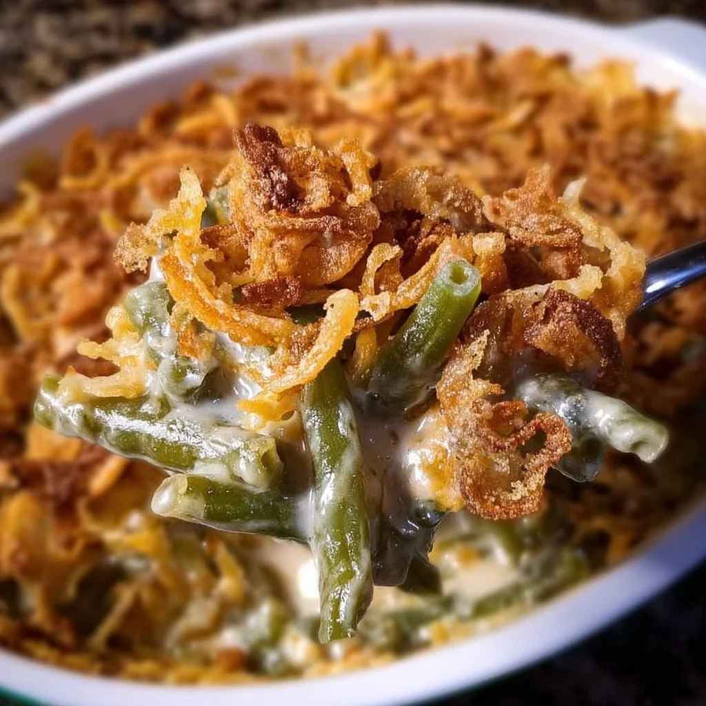 Delicious Campbell's Green Bean Casserole served in a baking dish