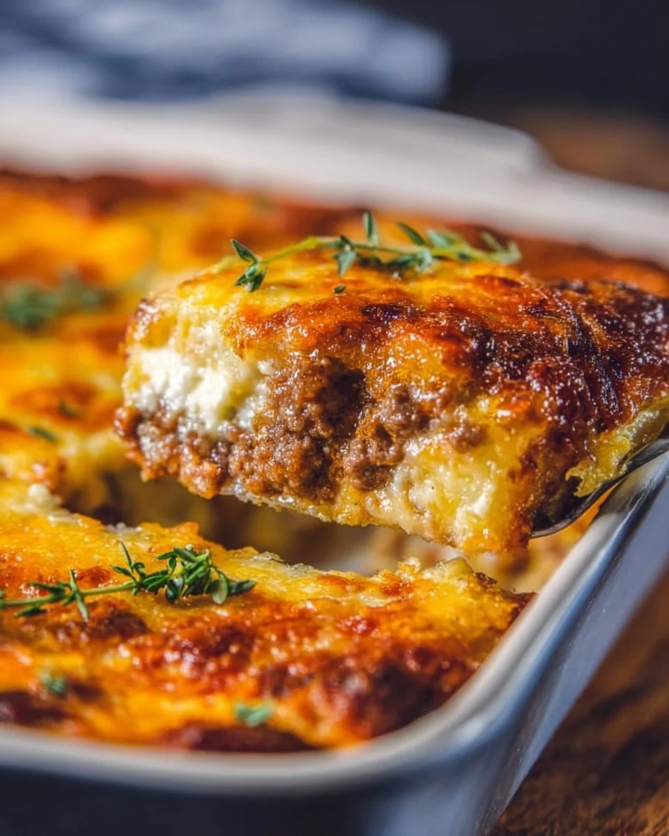 Cheesy Keto Ground Beef Casserole baked and served in a dish