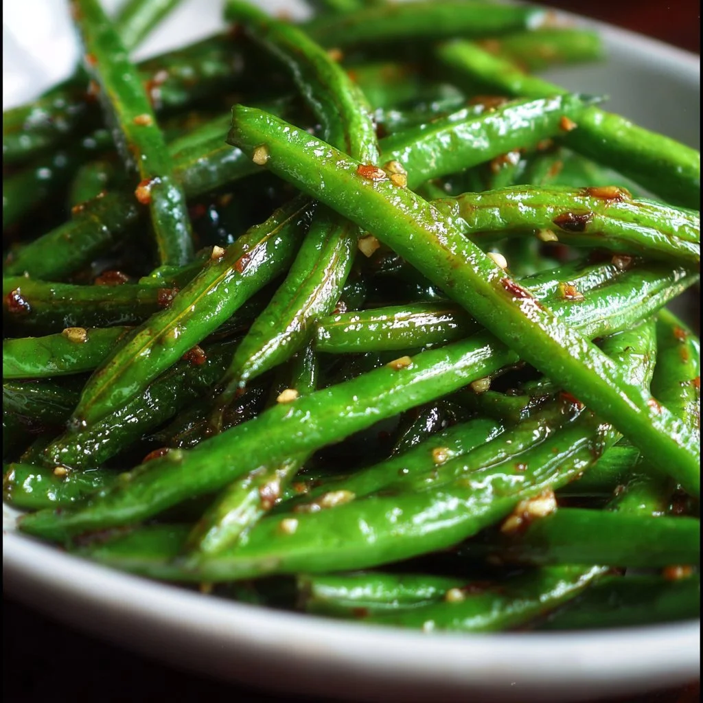 A delicious plate of stir-fried Chinese Green Beans garnished with sesame seeds.