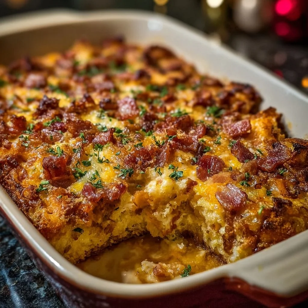Delicious Christmas breakfast casserole with eggs, cheese, and vegetables