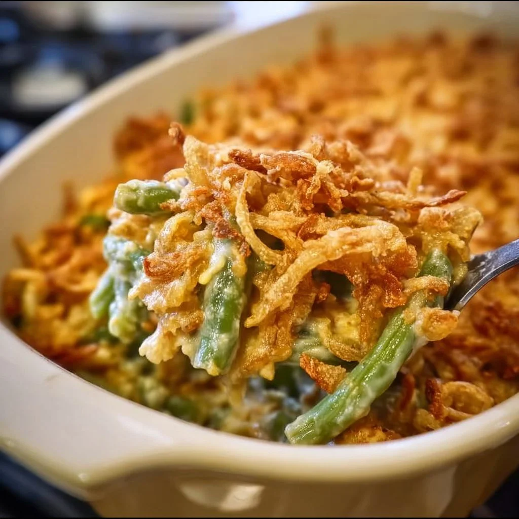 Delicious classic green bean casserole served in a dish with crispy topping.