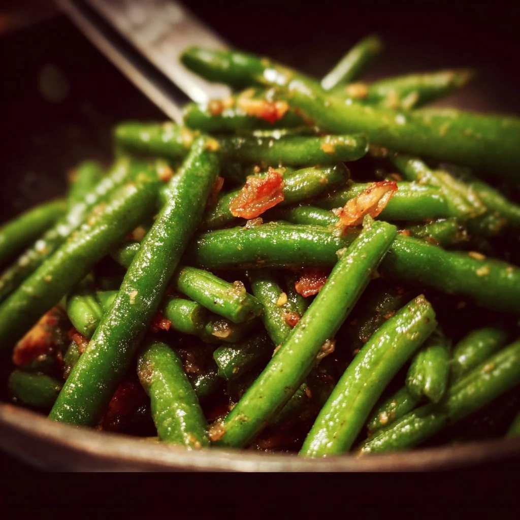 Plate of crack green beans garnished with herbs and spices