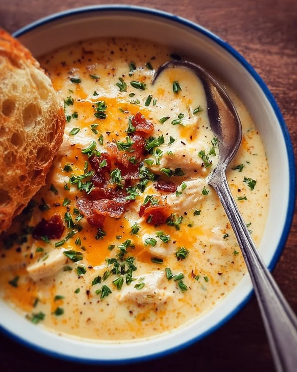 Creamy Keto Chicken Cream Cheese Soup 1 Creamy Keto Chicken Soup with cream cheese and fresh herbs in a bowl.