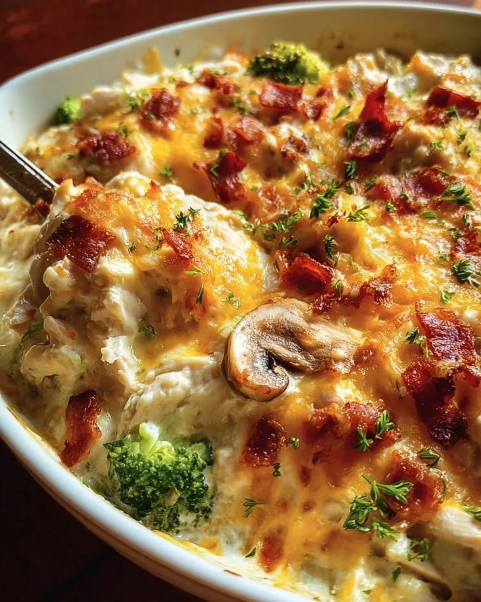 Creamy low carb chicken casserole dish with vegetables and cheese.