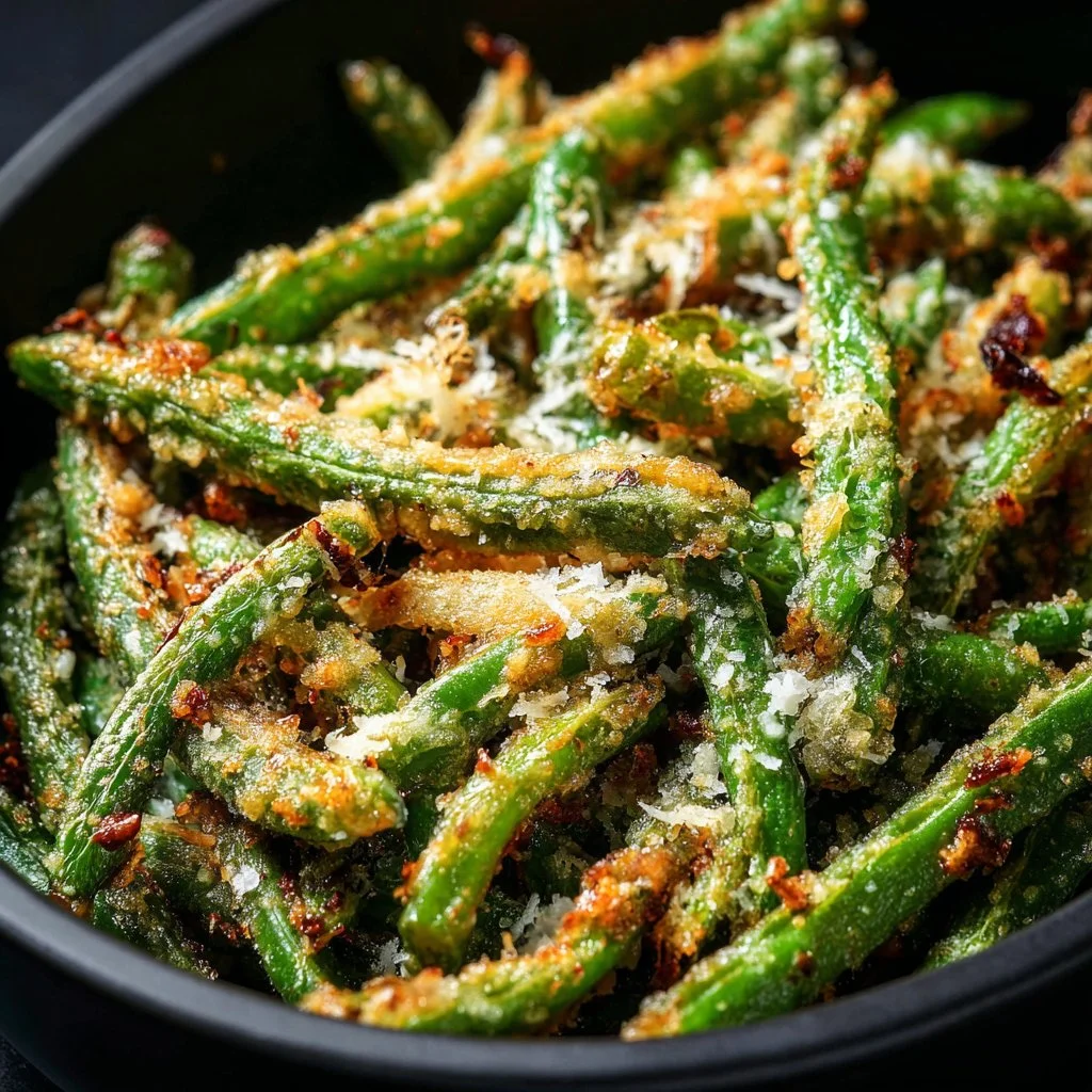 Crispy air fryer parmesan green beans served as a healthy side dish