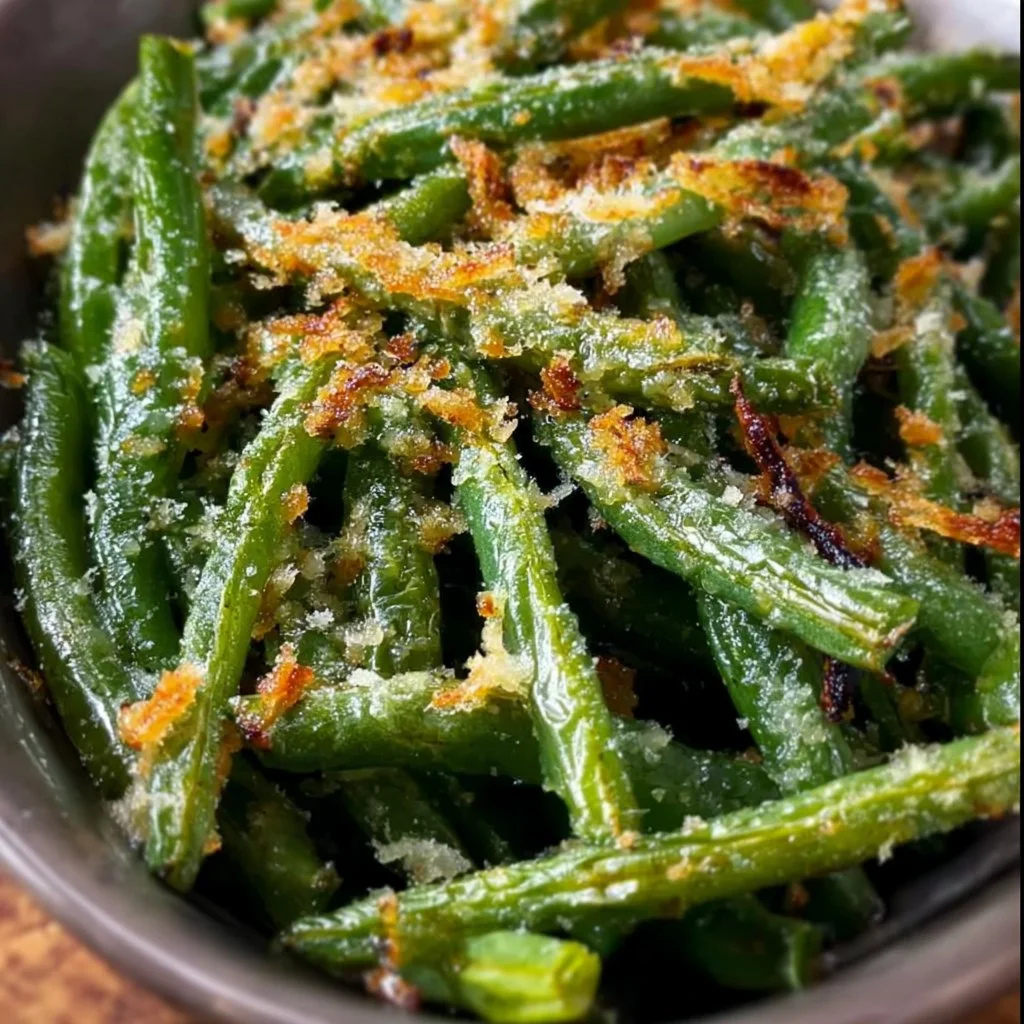 Crispy Garlic Parmesan Roasted Green Beans 1 Crispy garlic parmesan roasted green beans served on a plate