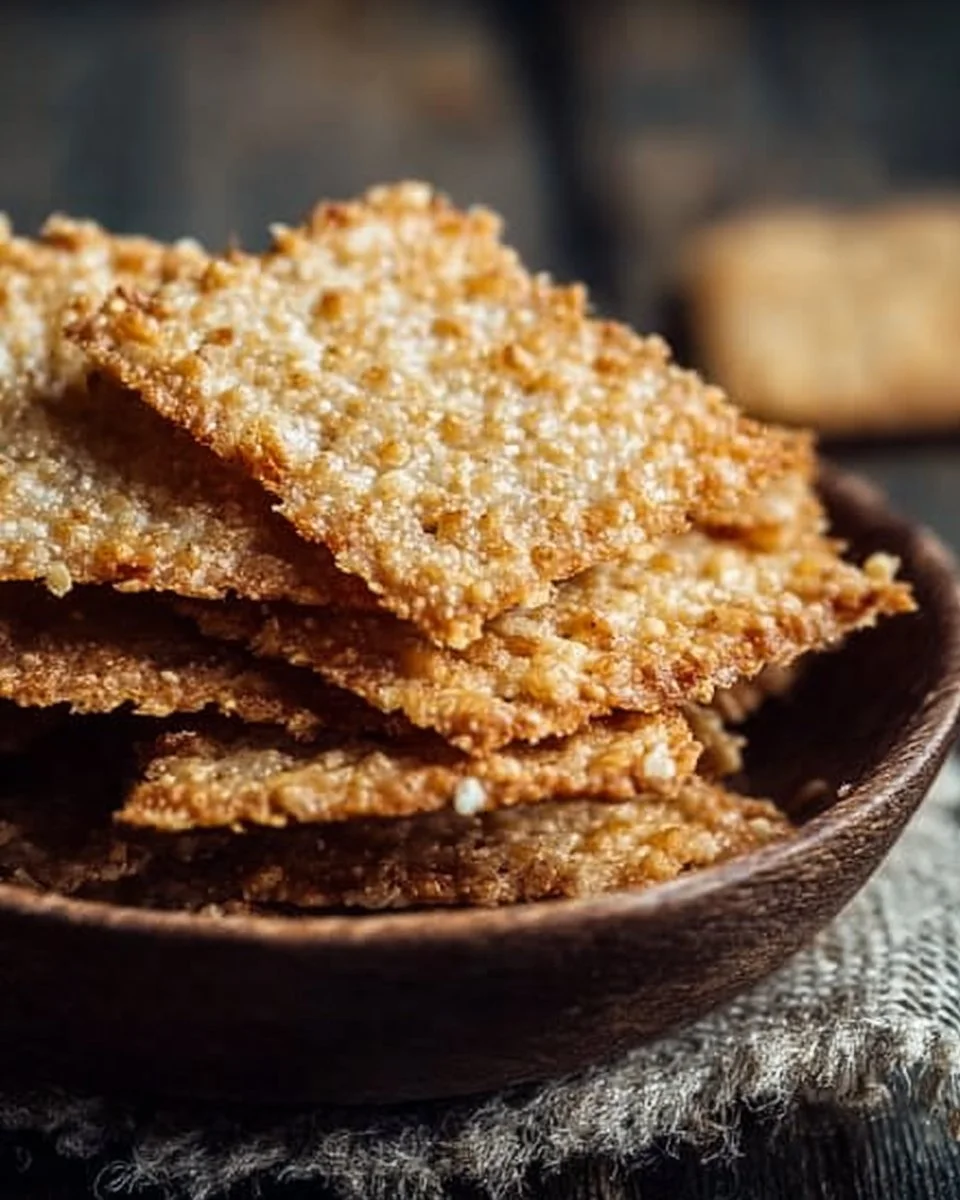 Crispy Keto Almond Flour Crackers – Perfect Low-Carb Snack 1 Crispy keto almond flour crackers on a plate, healthy low-carb snack