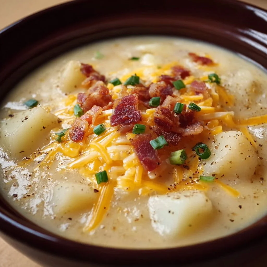 Bowl of creamy Crock Pot Crack Potato Soup topped with cheese and bacon