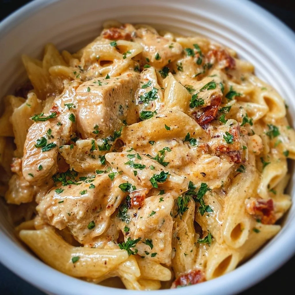 Crock Pot creamy Cajun chicken pasta dish garnished with parsley