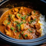 A delicious serving of Crockpot Butter Chicken with rice and garnishes.