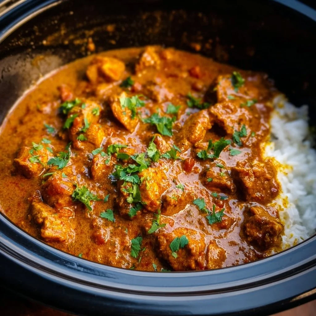 A delicious serving of Crockpot Butter Chicken with rice and garnishes.