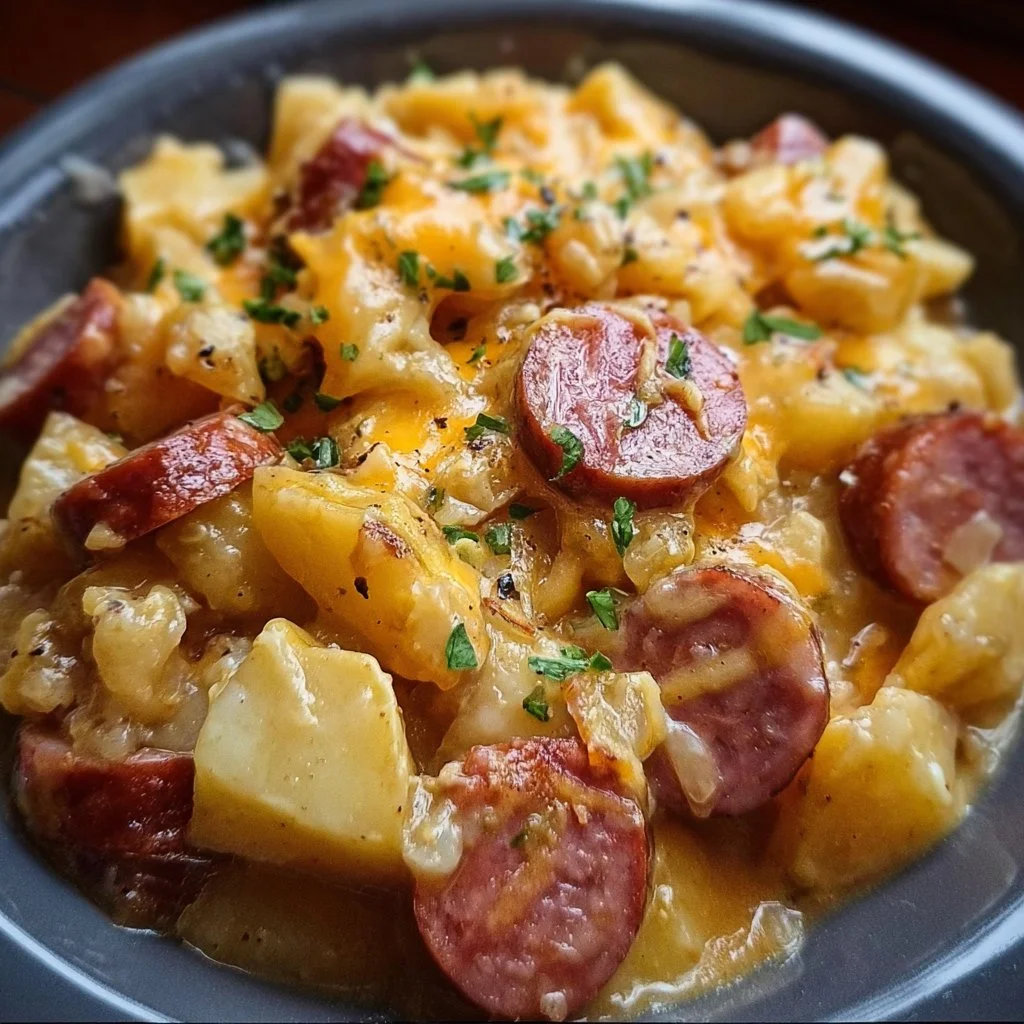 Crockpot cheesy potatoes with kielbasa served in a bowl
