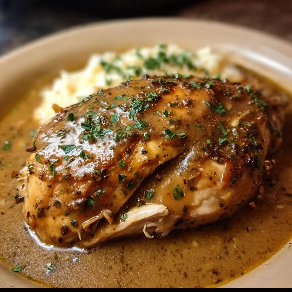 Crockpot Chicken and Gravy 1 Crockpot chicken with gravy served on a plate