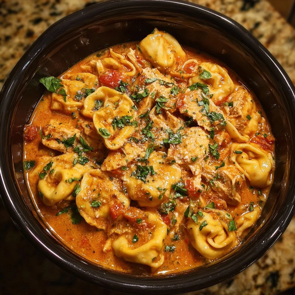 Delicious CrockPot Chicken Tortellini dish with fresh herbs and vegetables