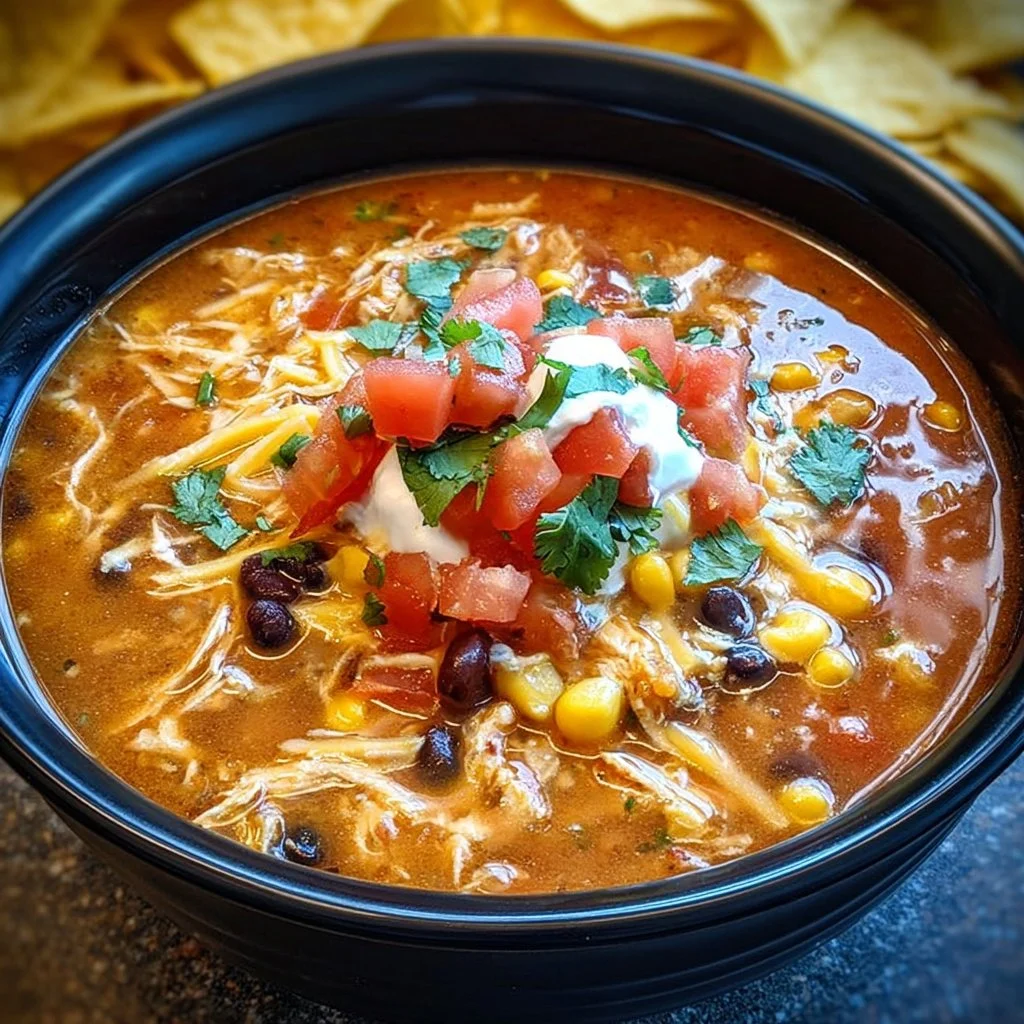 Delicious Crockpot Chicken Tortilla Soup garnished with avocado and tortilla chips