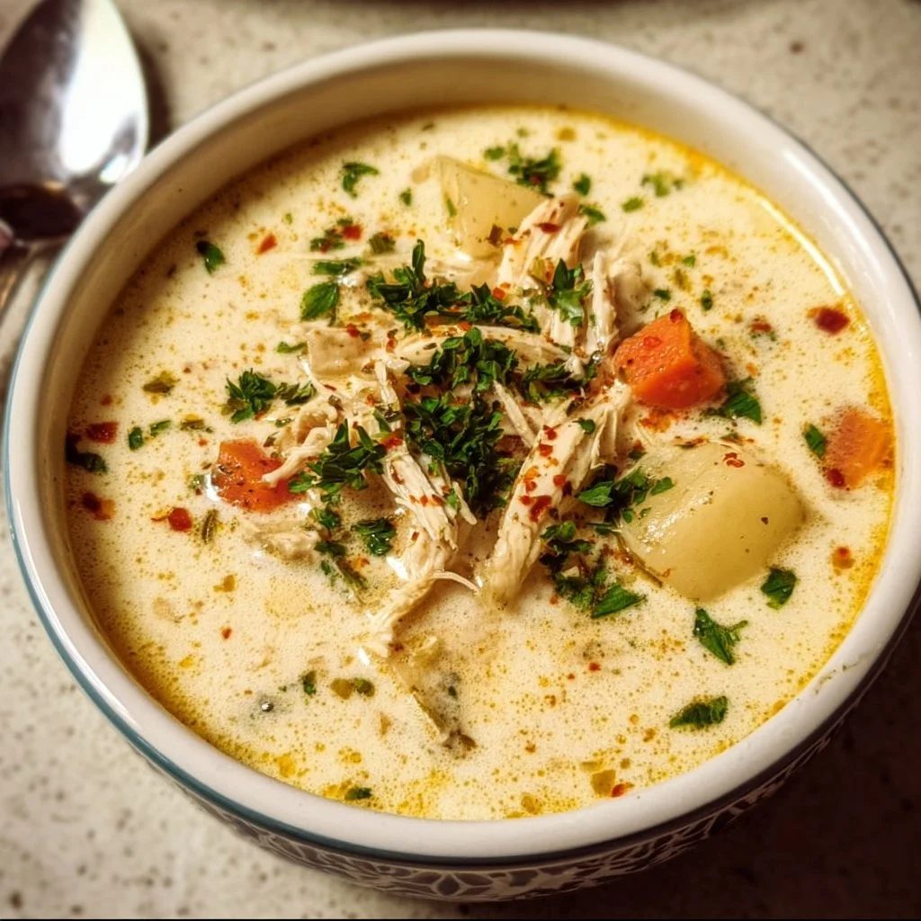 Crockpot Creamy Chicken and Potato Soup in a white bowl