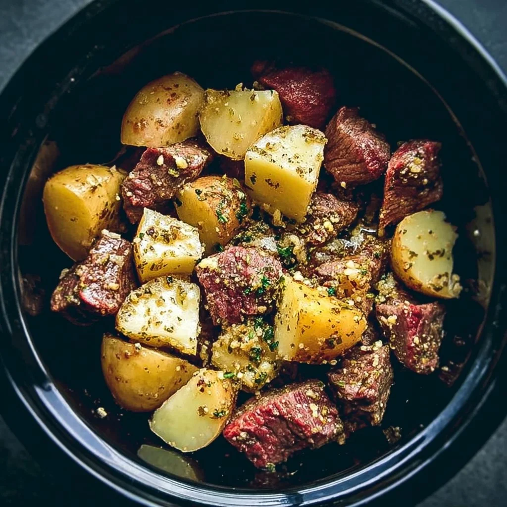 Crockpot garlic butter beef bites with tender potatoes served in a bowl