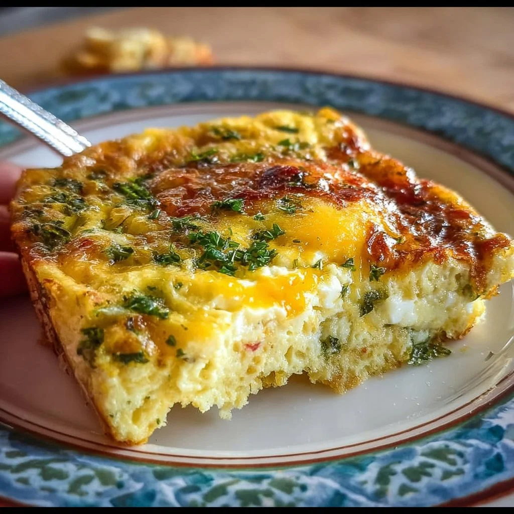 Delicious easy egg breakfast casserole freshly baked and served in a dish.