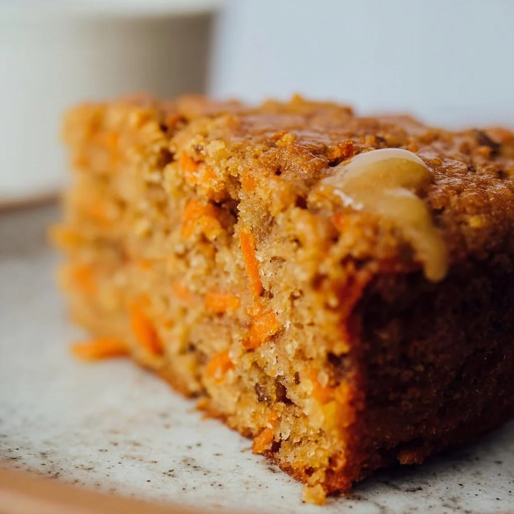 Delicious slice of flourless oatmeal carrot cake topped with frosting