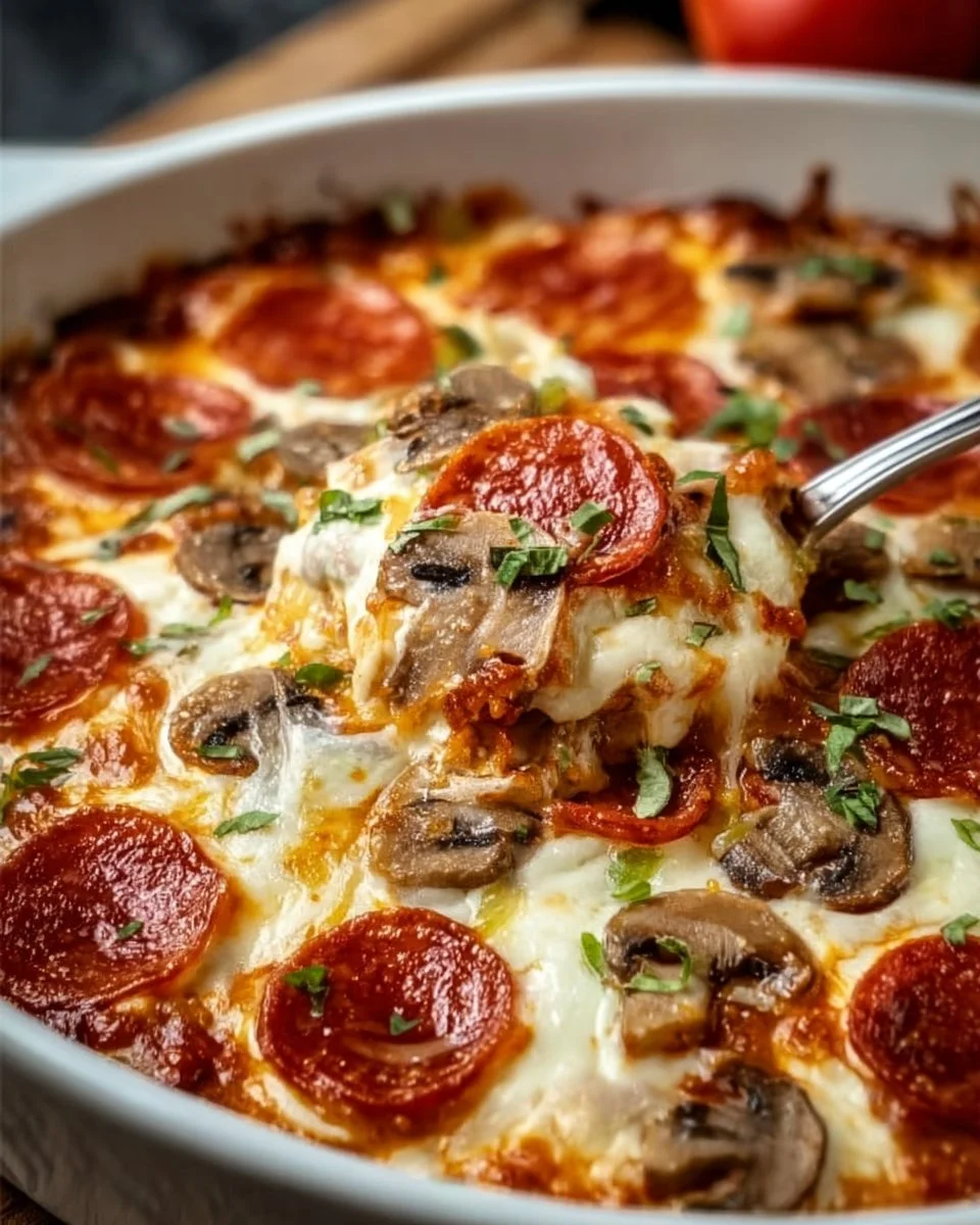 Delicious low carb pizza casserole with cheese and toppings